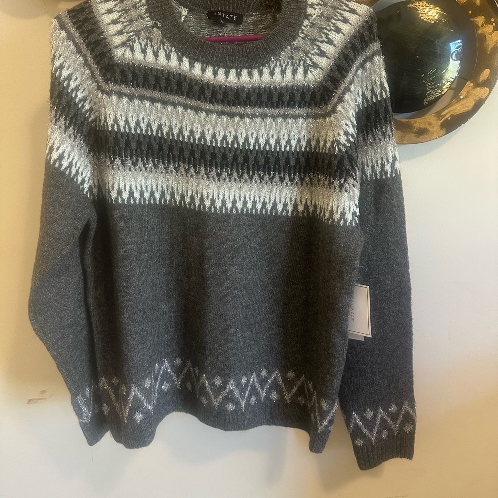 STATE Charcoal and White Patterned Crewneck Sweater